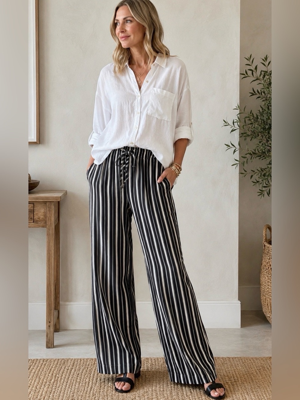 H&M Black & White Vertical Stripe Wide-Leg Drawstring Pants-NWOT